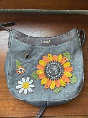 Chala Floral Crossbody Bag Brown/ Gray Faux Leather Sunflower Daisy Bee Purse